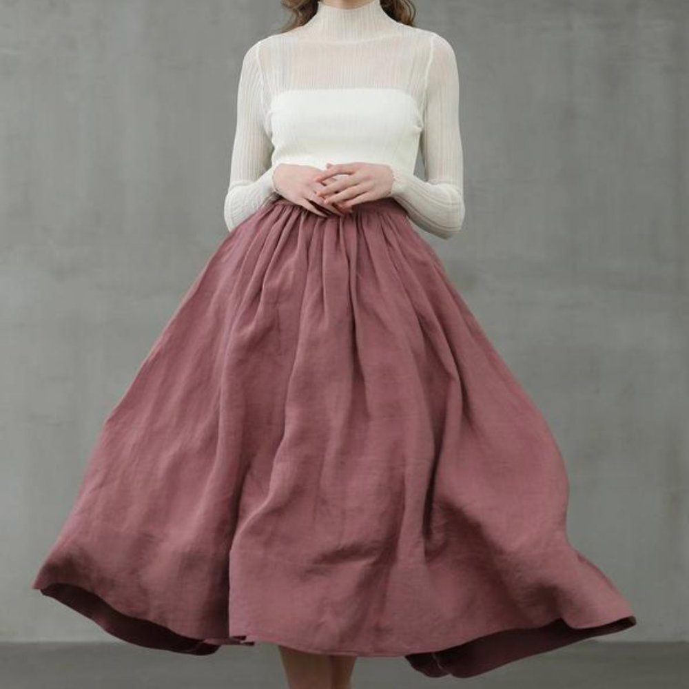 LINENNAIVE PLEATED MIDI 100% LINEN SKIRT ASHED LILAC